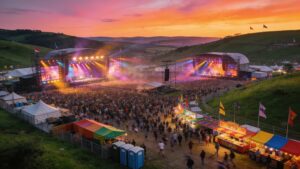 Aerial view of a large outdoor music festival at sunset with glowing stages and vendor setups.
