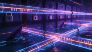Data harvesting visualization showing encrypted traffic flowing through fiber optic cables into digital archives