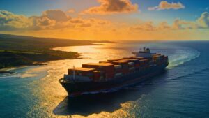 Aerial view of a container ship carrying international freight along a ocean trade route.