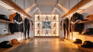 Minimalist retail display showcasing an athlete's custom branded apparel line.
