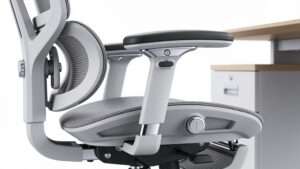 Detailed view of 4D adjustable armrests and neck support headrest on an ergonomic office chair