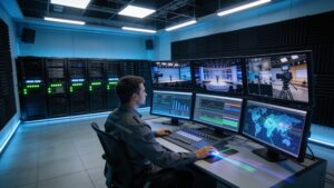 Cloud broadcast engineer managing low-latency OTT video streams and multi-camera server feeds on large monitors.