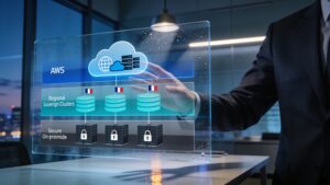 A high-performance AI processor chip surrounded by glowing cryptographic encryption and security visualization graphics.
