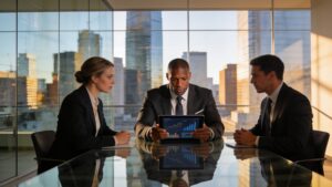 Athlete in executive attire reviewing business equity strategy in a modern glass boardroom.