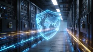 A modern secure data center facility featuring glowing server cabinets and a subtle regional data localization overlay.