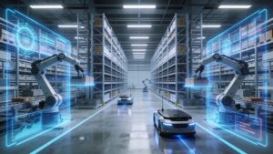A warehouse worker collaborating safely alongside an autonomous mobile robot in a distribution center.