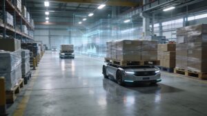 Modern smart warehouse facility with autonomous mobile robots transporting goods along wide aisles.