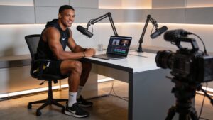 Professional athlete sitting in a high-tech podcast recording studio managing media production.