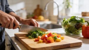 Close-up of home meal preparation featuring fresh vegetables on a wooden cutting board.