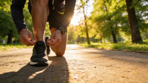 Person preparing for an outdoor workout on a sunny park trail.