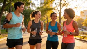 "Runners socializing and laughing together after a group run"