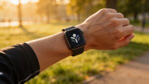 "Close-up of a fitness tracker on a runner's wrist showing workout data"