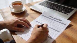 "Hands filling out a digital nomad visa application form"