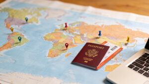 World map with passport and travel documents representing global digital nomad visa options