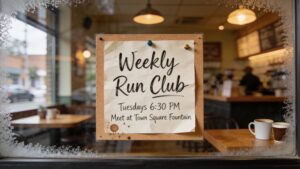 "A community flyer advertising a local weekly run club meetup"