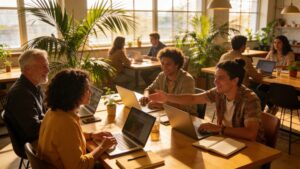 Diverse group of remote workers collaborating in a co-working space abroad