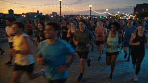 "A large run club group gathering in an urban setting at dusk"
