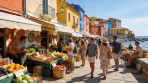Vibrant coastal town street scene representing tourism benefiting from digital nomad visitors