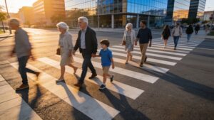 Aerial view of a busy city crossing showing people of all ages, representing a shifting population"