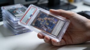 Hand holding a professionally graded trading card in a protective slab"