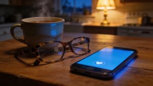 Smartphone ringing on a kitchen table at dusk, representing an unexpected family emergency call"
