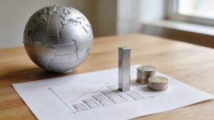 Desk with a globe, coins, and a bar chart where one silver bar stands out, representing the silver economy"