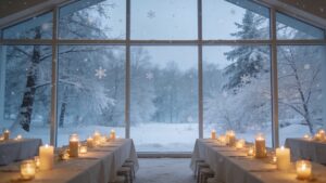 Quiet off-season wedding venue decorated for a winter celebration"