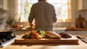 Person preparing a balanced home-cooked meal with vegetables, beans, and lean protein"