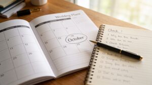 Wedding planning calendar with an October date circled, representing peak season booking demand"