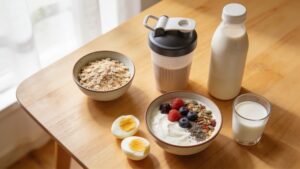 Breakfast table with yogurt, eggs, milk, and a protein shake representing everyday protein sources"
