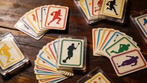 Assortment of sports trading cards fanned out on a wooden table"