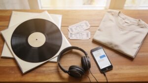 Flat-lay of fan collectibles including records, ticket stubs, and a phone chat, representing multiple ways of being a fan"