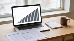 Desk with a laptop and rising chart, representing growth in reported AI-linked scam losses"