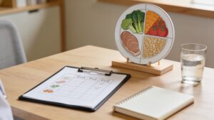 Dietitian's desk with a balanced plate chart representing expert nutrition guidance"