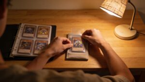 Collector carefully placing a trading card into a protective sleeve at a desk"