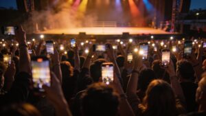 Concert crowd with raised glowing phones, representing passionate music fans"