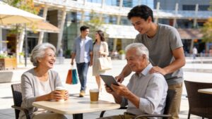 Older and younger adults mixing at an outdoor café in a city plaza"