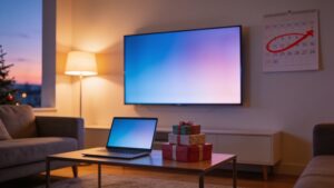 Living room with a TV, laptop, and gift boxes and a circled calendar date, representing planning holiday tech purchases"