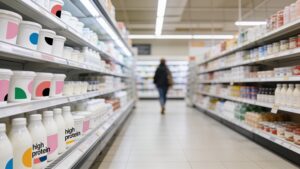 Grocery store aisle stocked with high-protein yogurt and dairy products"