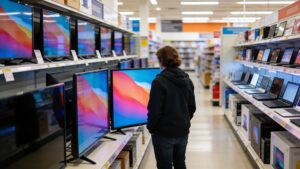 Shopper comparing TVs and laptops in an electronics store aisle"
