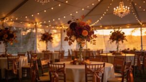 Elegant wedding reception tent decorated for a fall celebration"