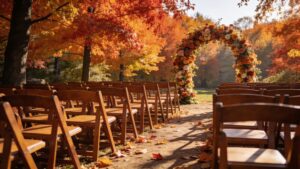Outdoor wedding ceremony setup surrounded by fall foliage"