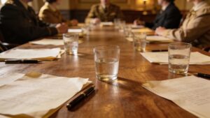 Historic-style meeting room where delegates discuss a draft.