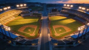 Two stadiums lit up at dusk, representing home and away games.