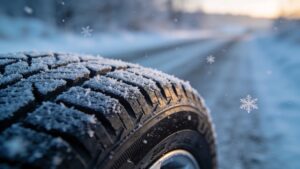 Alt text: Close-up of a tyre tread on a frosty morning road.