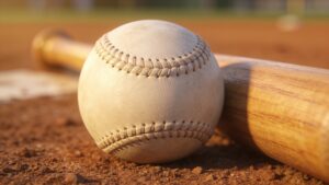 Baseball and wooden bat on the infield.