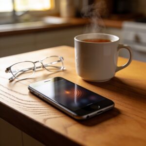 Phone ringing on a kitchen table beside a cup of tea.