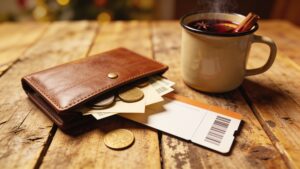 Coins, a train ticket and a mug of mulled wine on a table.