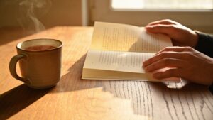 Person reading a printed document at a desk with a cup of tea.