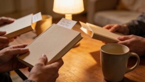 Hands holding books and index cards around a table during a book discussion.